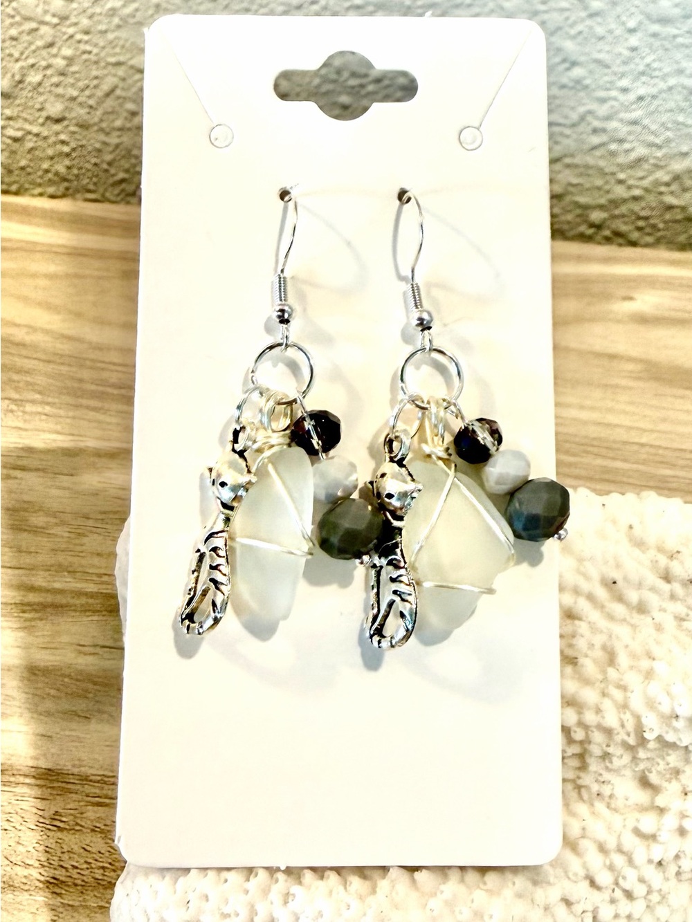 137. 🐈⬛ Halloween vibes!🎃 Frosted White Sea Glass Earrings with cat charms